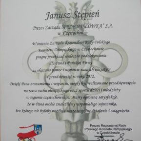 Podziekowanie Regionalnej Rady Polskiego Komitetu Olipijskiego